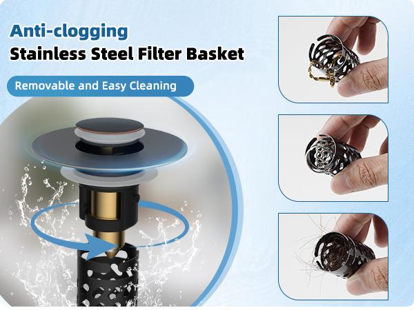 Hibbent All Metal Bathroom Sink Stopper, Pop Up Sink Drain Strainer with Removable Stainless Steel Filter Basket, Universal for 1.1"-2.36" Sink, Brass Bounce Core, Hair Catcher