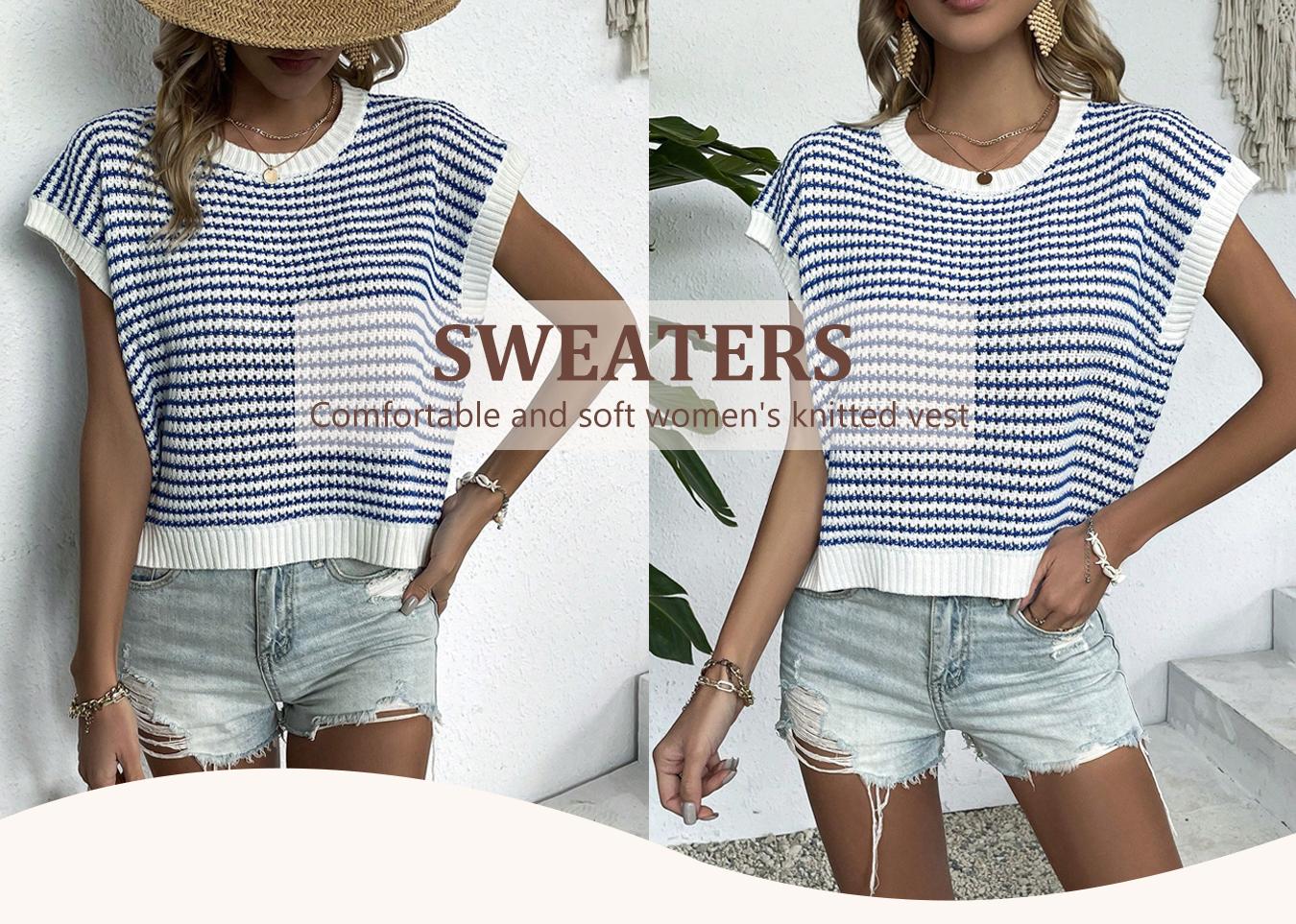 Women's Striped Knitted Vest Top, Round Neck Cap Sleeve Casual Loose Fit, Elegant Summer Fashion, Versatile Women's Knitwear
