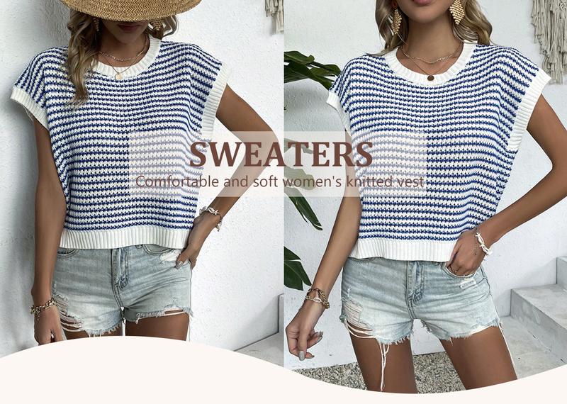 Women's Striped Knitted Vest Top, Round Neck Cap Sleeve Casual Loose Fit, Elegant Summer Fashion, Versatile Women's Knitwear