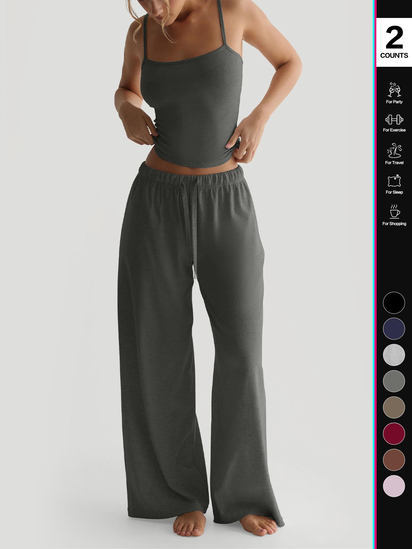 2026 Women's Four-Season Two-Piece Set, Strapless Vest Top & Wide-Leg Drawstring Elastic Waist Pants, Casual Loose-Fit Fitted Comfortable with Pockets