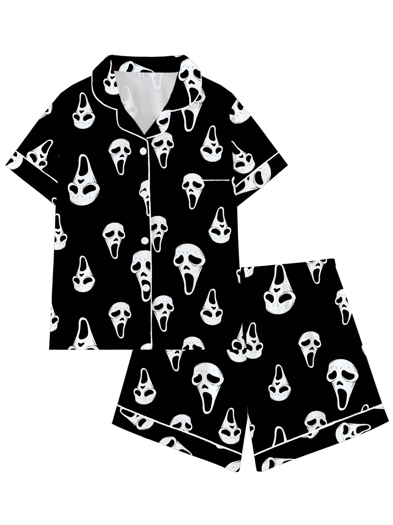 Y2K Horror Mask Pajama Set for Women, Ghost Print Sleepwear, Soft Short-Sleeve Button-Up Matching Loungewear, Fun Halloween 2-Piece, Dark Aesthetic