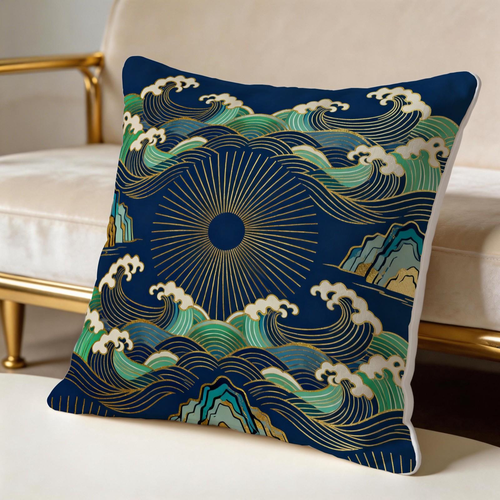 1 Piece Japanese Wave Sun Throw Pillow, Navy Blue Gold Foil Great Wave HD Digital Print Accent Pillow, Soft Plush Cushion with Hidden Zipper, Non-Fade Decor Pillow for Sofa Couch Bed, 18x18 Inch