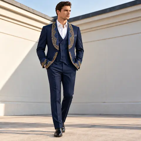Men's 3-Piece Fitted Body-Fit Tuxedo Suit - 100% Polyester Textured Woven Fabric Blue Blazer with Rhinestone Trim Shawl Lapel, Wave Pattern Vest with V-Neck & Button Closure, Matching Pocketed Pants, Formal Wear for Weddings, Galas
