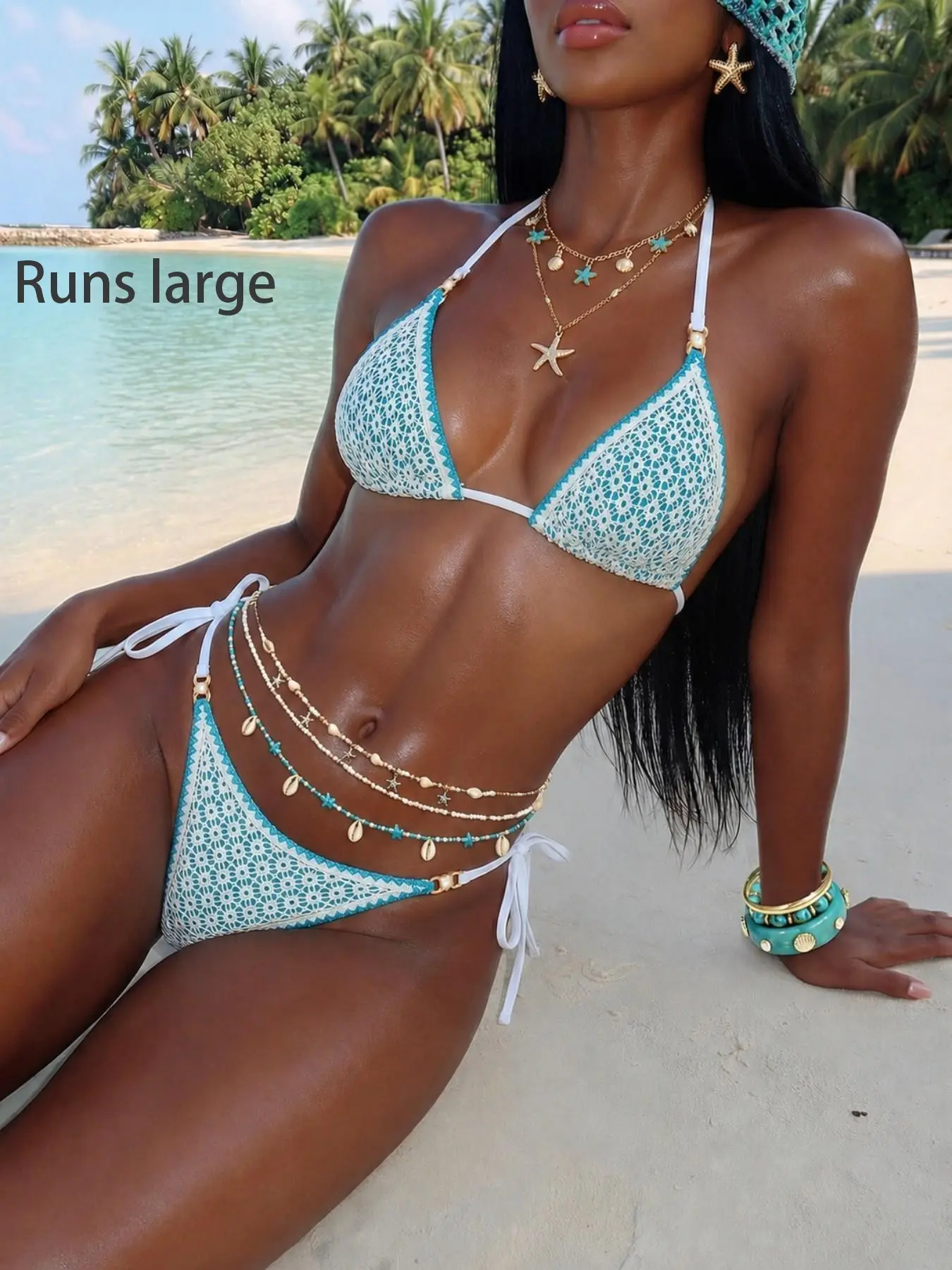 Vintage Turquoise & White Crochet Knit Triangle Halter Bikini Top & Side Tie High Cut Bottom, Women's Beachwear Swimsuit, Breathable Quick-Dry Summer Resort Swimwear, Halter Bikini Set, Bikini Swimsuits