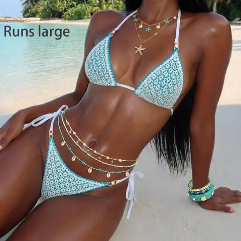 Vintage Turquoise & White Crochet Knit Triangle Halter Bikini Top & Side Tie High Cut Bottom, Women's Beachwear Swimsuit, Breathable Quick-Dry Summer Resort Swimwear, Halter Bikini Set, Swimsuit for Beach