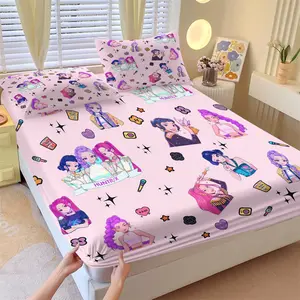 3-Piece K-pop Girl Group Sticker Fitted Sheet Set, 1 Fitted Sheet + 2 Pillowcases, Soft Comfortable Breathable Fabric, Deep Pocket Non-Slip Mattress Cover, All Season Kawaii Cartoon Bedding for Kids Girls Teens Bedroom