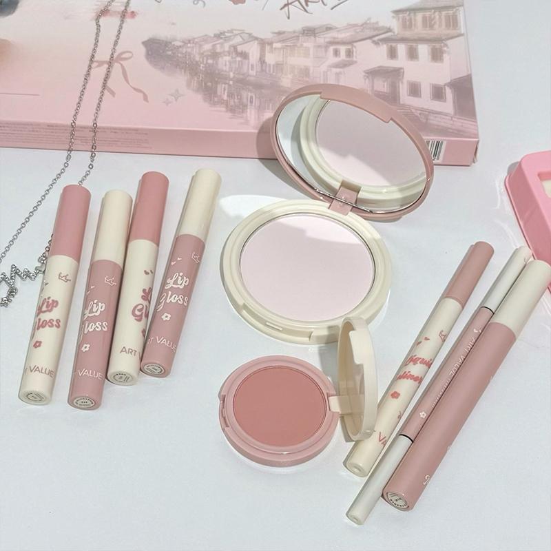 Pink Mist Soft Light Makeup Gift Box Lip Color Powder Blusher Powder Eyebrow Pencil Eyeliner Eye Black Makeup Set Women's Gifts