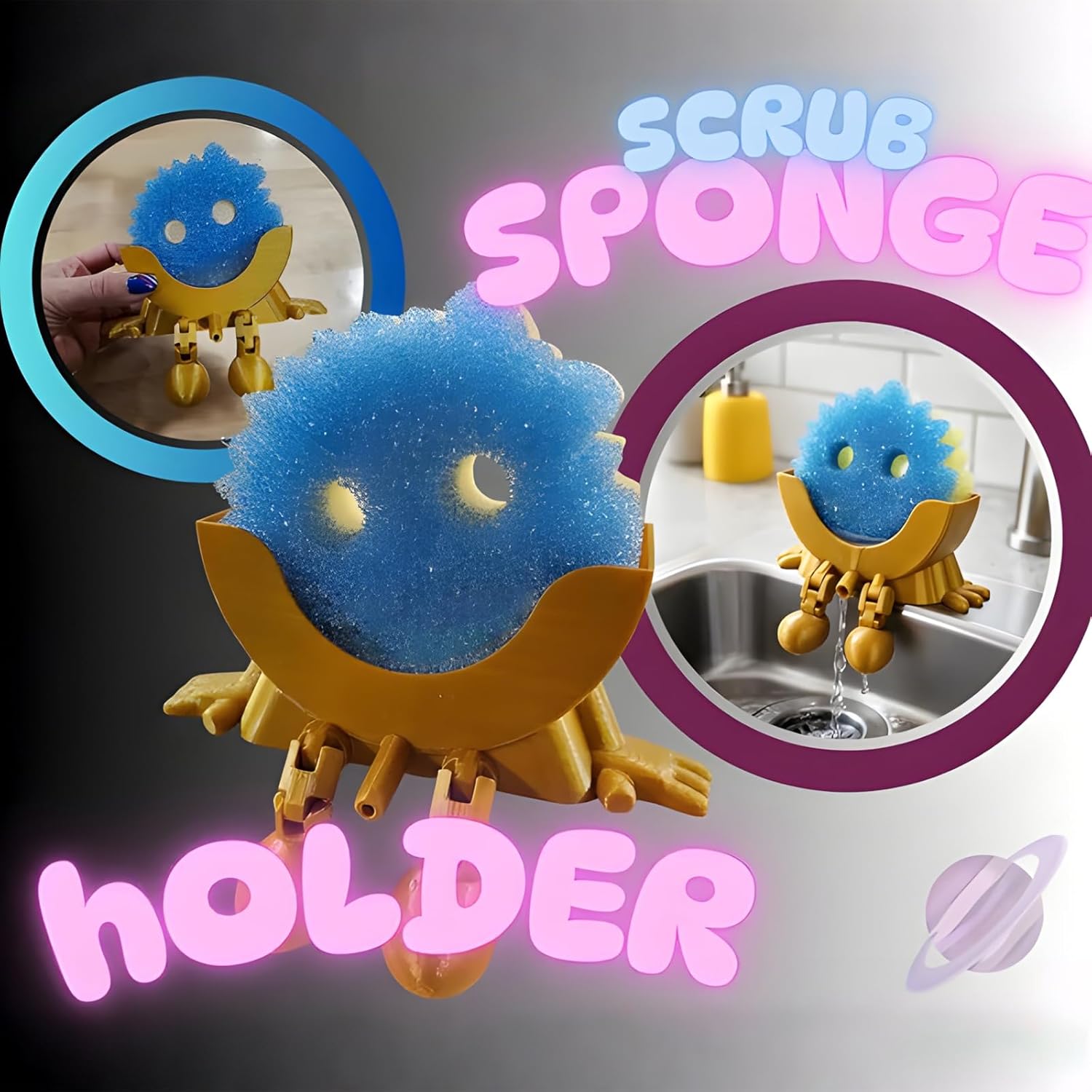 3D Printed Sponge Holder for Scrub Daddy Cute Smiley Sponge Holder with Drainage Funny Sponges Stand for Kitchen Sink Accessories Organizer Storage Utility Declutter Gadgets