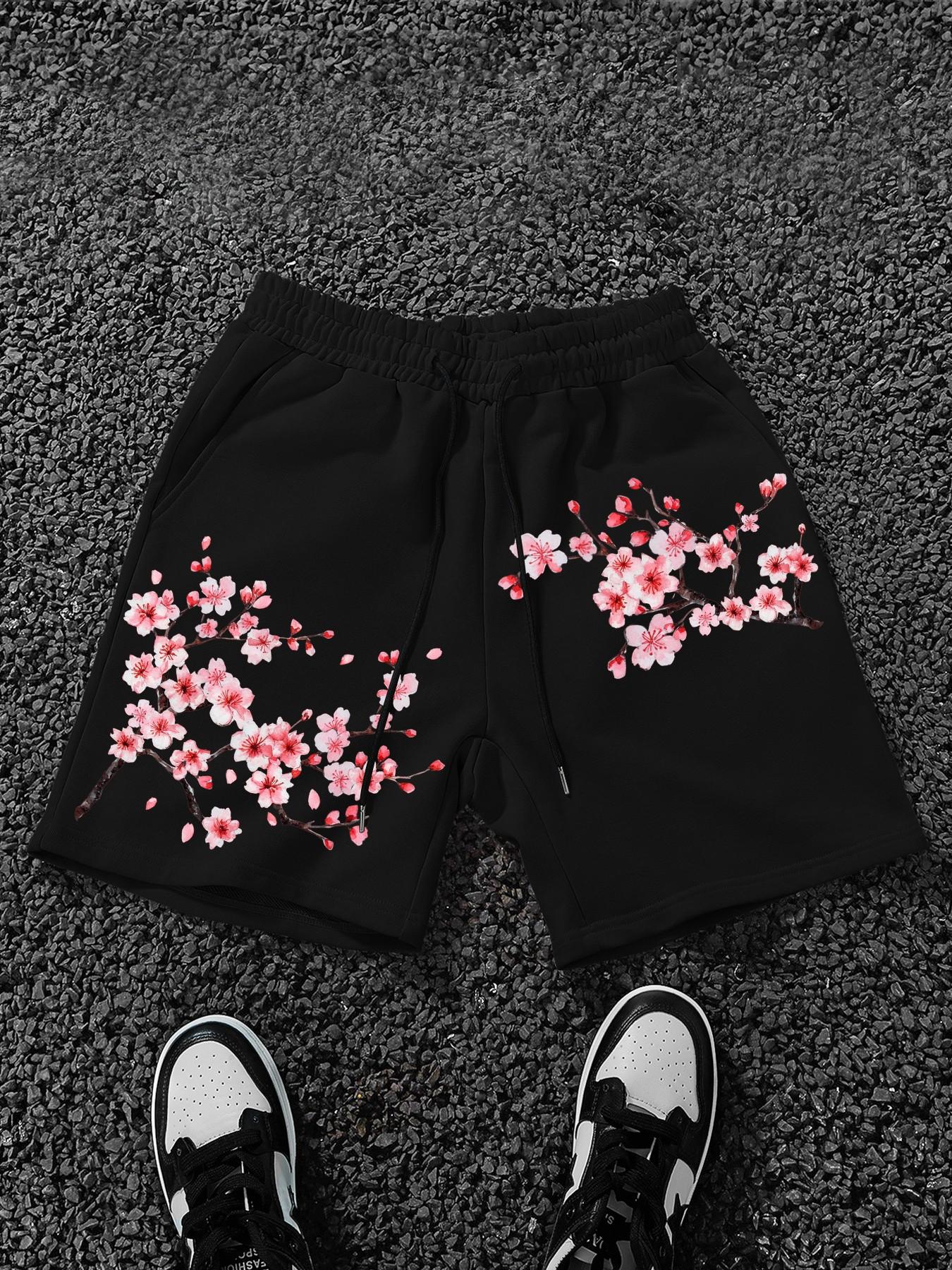 Men's Cherry Blossom Print Drawstring Shorts, Loose Fit Wide Leg, Elastic Waist, Side Pockets, Street Style, Summer Casual Wear