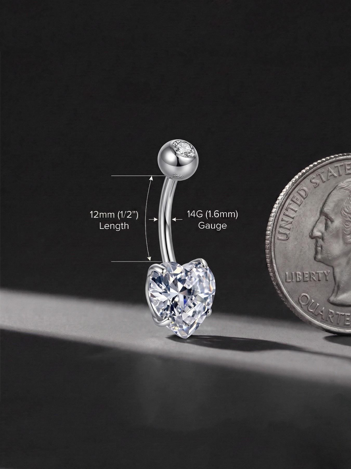 Titanium Belly Button Rings, Internally Threaded 8-16mm Long Belly Ring, Heart CZ Navel Rings for Women 14G Belly Piercing Jewelry