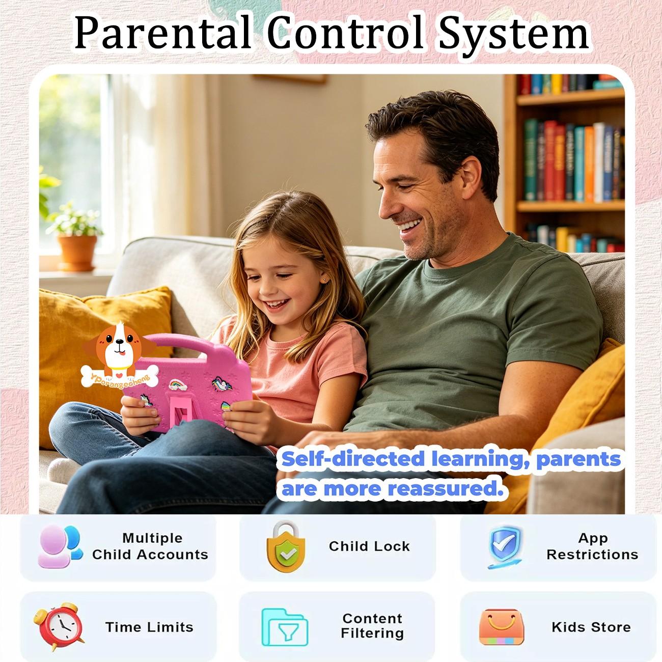 SummerFind 10.1 Inch Android Kids Educational Tablet, Childrens Tablet, 5G WiFi, HD screen with smart parental control, works with professional learning resources, comes with full EVA shockproof case, pink, perfect birthday Christmas gift for children