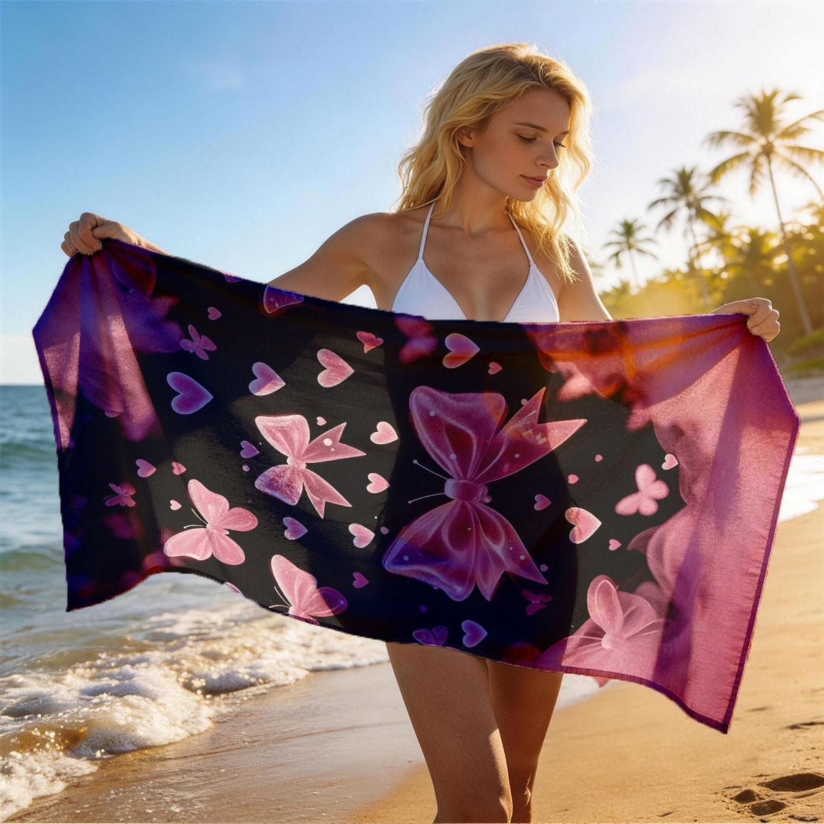A Black Pink Gradient Bow Butterfly Heart All-over Printed Beach Towel - Oversized, Skin-friendly, Absorbent and Quick-drying, Perfect for Beach and Pool Leisure, Ideal for Summer Trips - Suitable for Seaside Vacations, Pool Parties and Outdoor Picnics