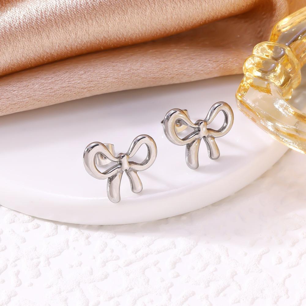 Gold Tone Bow Jewelry Set for Women, 3Pcs Dainty Bow Charm Necklace Bracelet Earrings Set, Elegant Stainless Steel Everyday Jewelry
