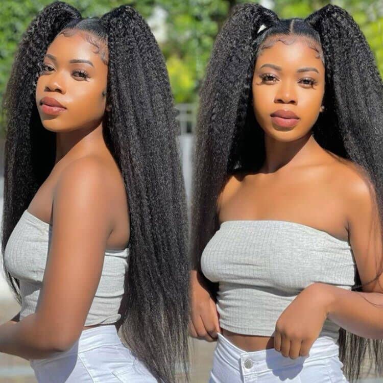 13X6 Synthetic Lace Front Wig 26 inches Kinky Straight Lace Front Wig Pre Plucked 180% Density Yaki Straight Lace Front Wigs For Black Women Heat Resistant Hair
