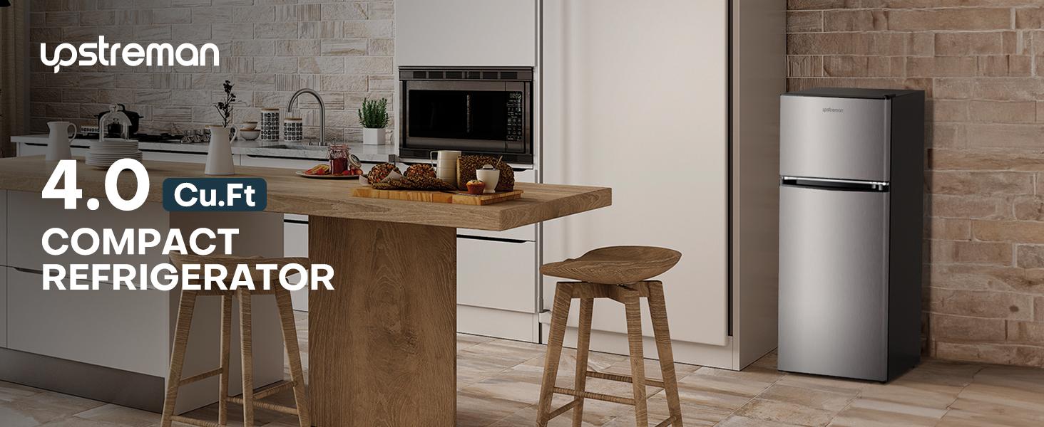 Upstreman mini fridges 4.0 Cu.Ft with Freezer Double Door Adjustable Thermostat Large Capacity Stainless Steel Energy Efficient Saving Quiet Operation Mini Refrigerator pantry drink fridge skincare fridge