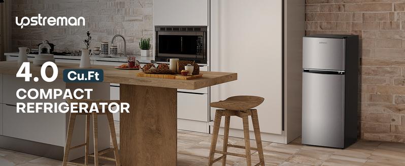 Upstreman mini fridges 4.0 Cu.Ft with Freezer Double Door Adjustable Thermostat Large Capacity Stainless Steel Energy Efficient Quiet Operation Upstreman mini fridges 4.0 Cu.Ft with Freezer Double Door Adjustable Thermostat Large Capacity Stainless Steel Energy Efficient Quiet Operation