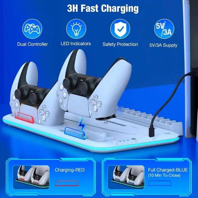PS5 Stand with Cooling Station and Controller Charging Station for PlayStation 5 Slim Console, PS5 Controller Charger, Cooling Stand, Dynamic Light, Headset Holder for PlayStation 5 Accessories, White
