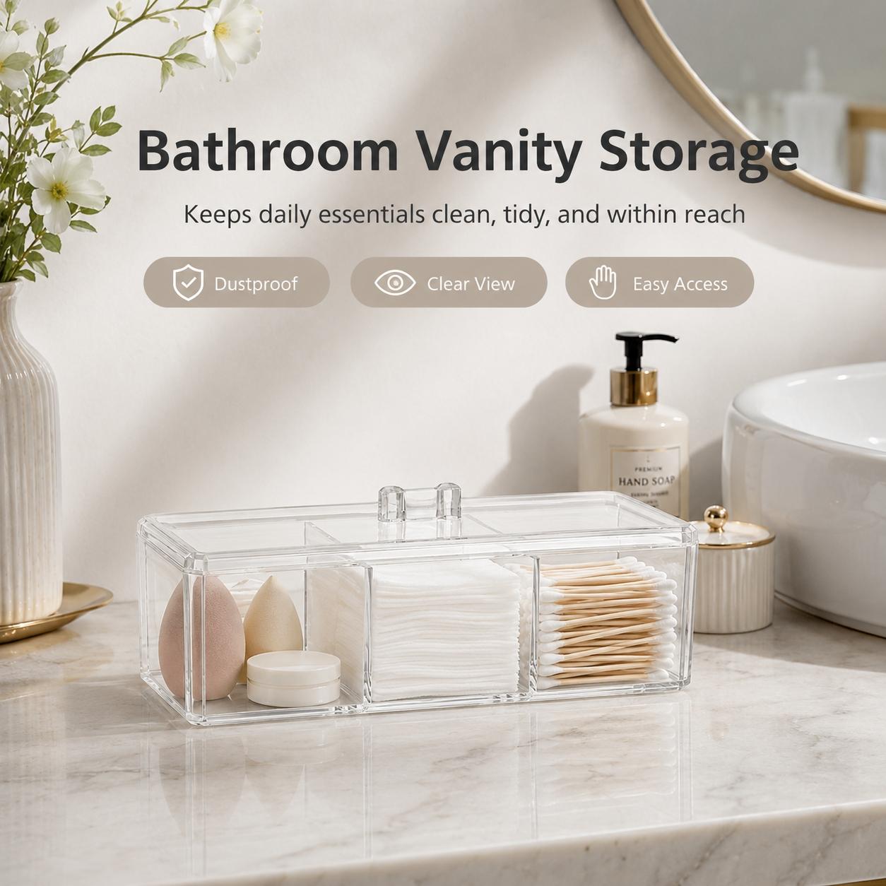 1PCS Clear Acrylic Cotton Pad & Qtip Holder with Lid, 3-Compartment Dustproof Odorless Makeup Organizer for Cotton Balls, Swabs, Beauty Sponges, Powder Puffs, Floss Picks, Bathroom Vanity, Dressing Table, Desk & Skincare Storage