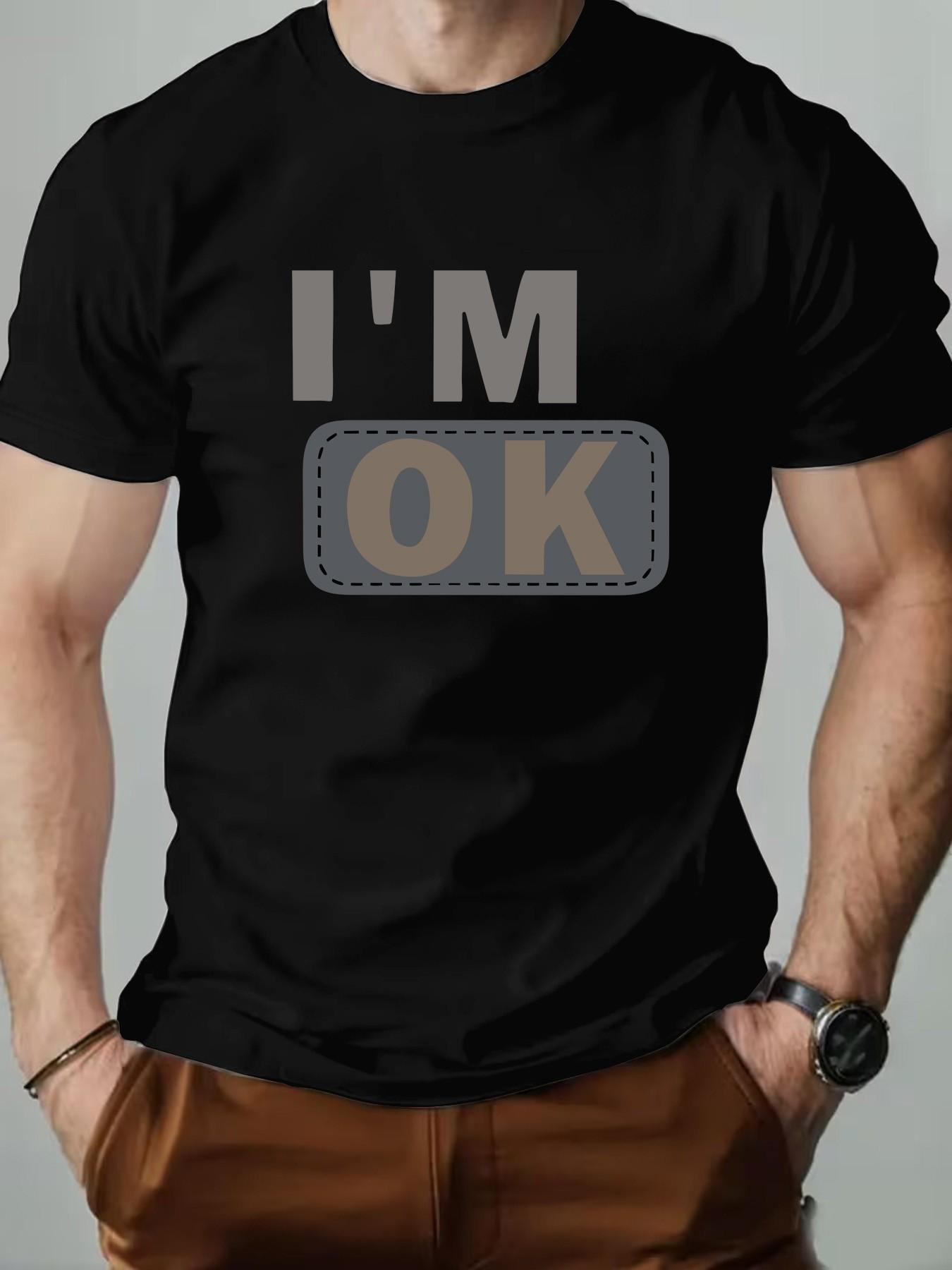 Men's Round Neck T-Shirt, Fashion I'm Ok Patch Design, Geometric Print, Retro Style, Long Sleeve, Casual Wear, Perfect Gift