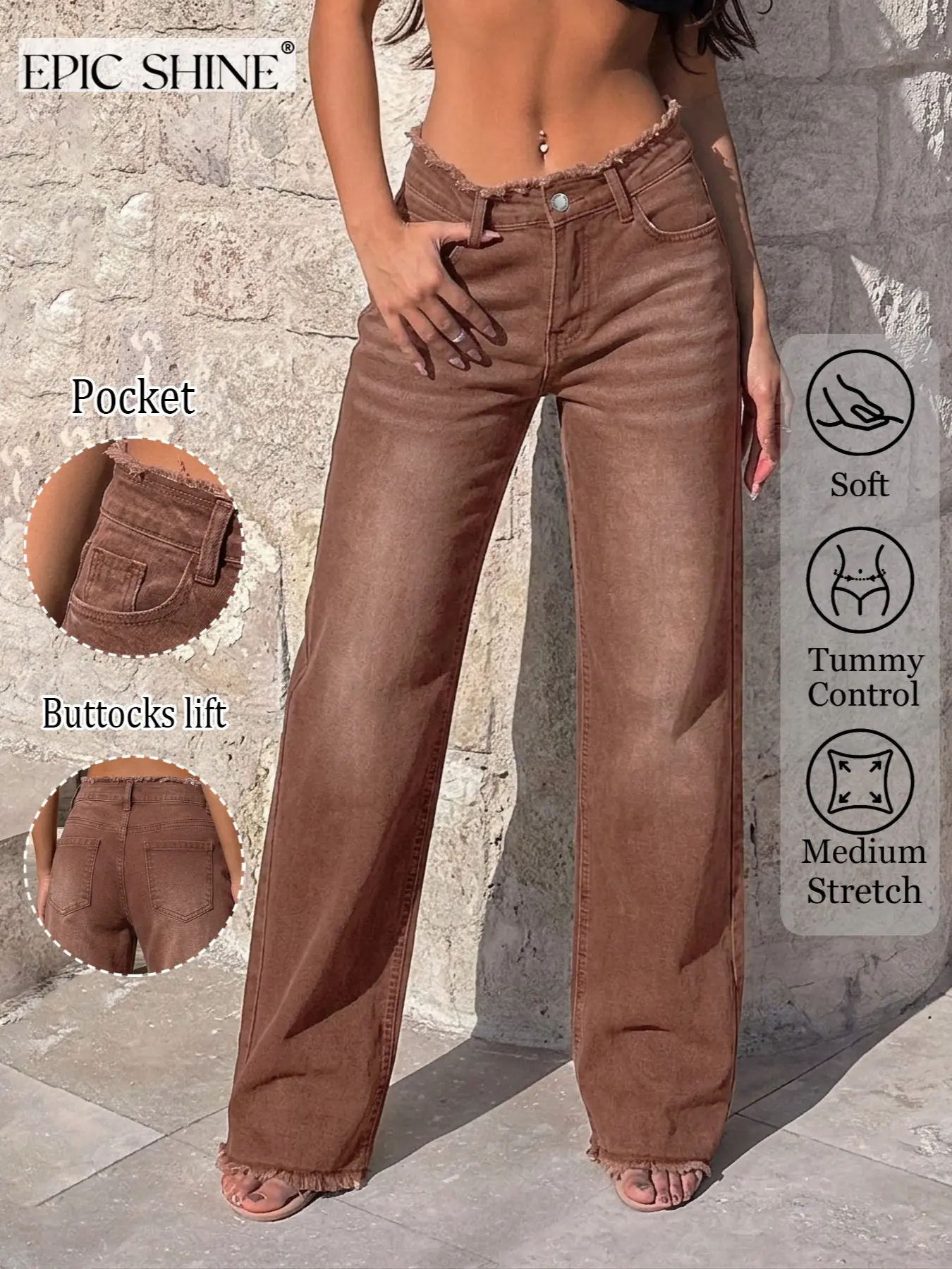 Women's High Waist Wide Leg Jeans, Distressed Coffee, Loose Straight Fit, Minimalist Casual Style, Fall Travel & Vacation