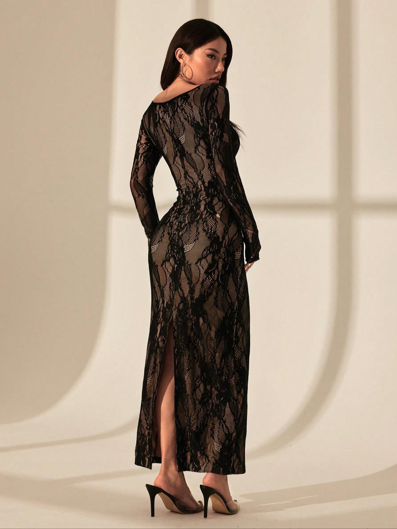 PETITE Women's New Summer Sexy S-Shaped Lace Long-Sleeved Breast Cup Fishbone Maxi Dress for Party Date Evening, Square Neck Tight Hip-Hugging Black Prom Dress, Formal Wear