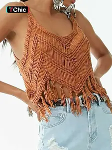 Women's Plain Fringe Trim Fitted Cami Top, Casual Style Sleeveless Top for Summer, Fashion Womenswear Women's Knitwear for Daily Wear, Boho Bohemian Casual