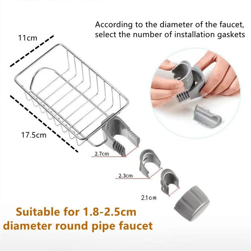 Kitchen Sink Caddy Organizer Over Faucet Sponge Holder, Stainless Steel Heavy Duty Thickening Hanging Faucet Drain Rack for Scrubbers, Soap, Bathroom, Detachable No Suction Cup or Magnet