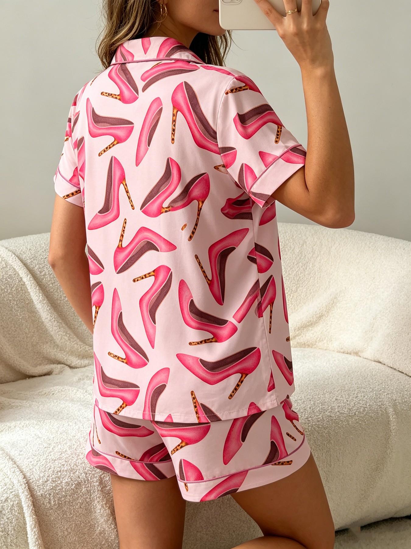 Women's Short Sleeve Button Down Top and Shorts Pajama Set, Spring Summer Wear, For Elegant Mature Ladies, Pink Muted High Heel Print, Classic Lapel Collar, Loose Draping Fit, Comfortable For Home & Office