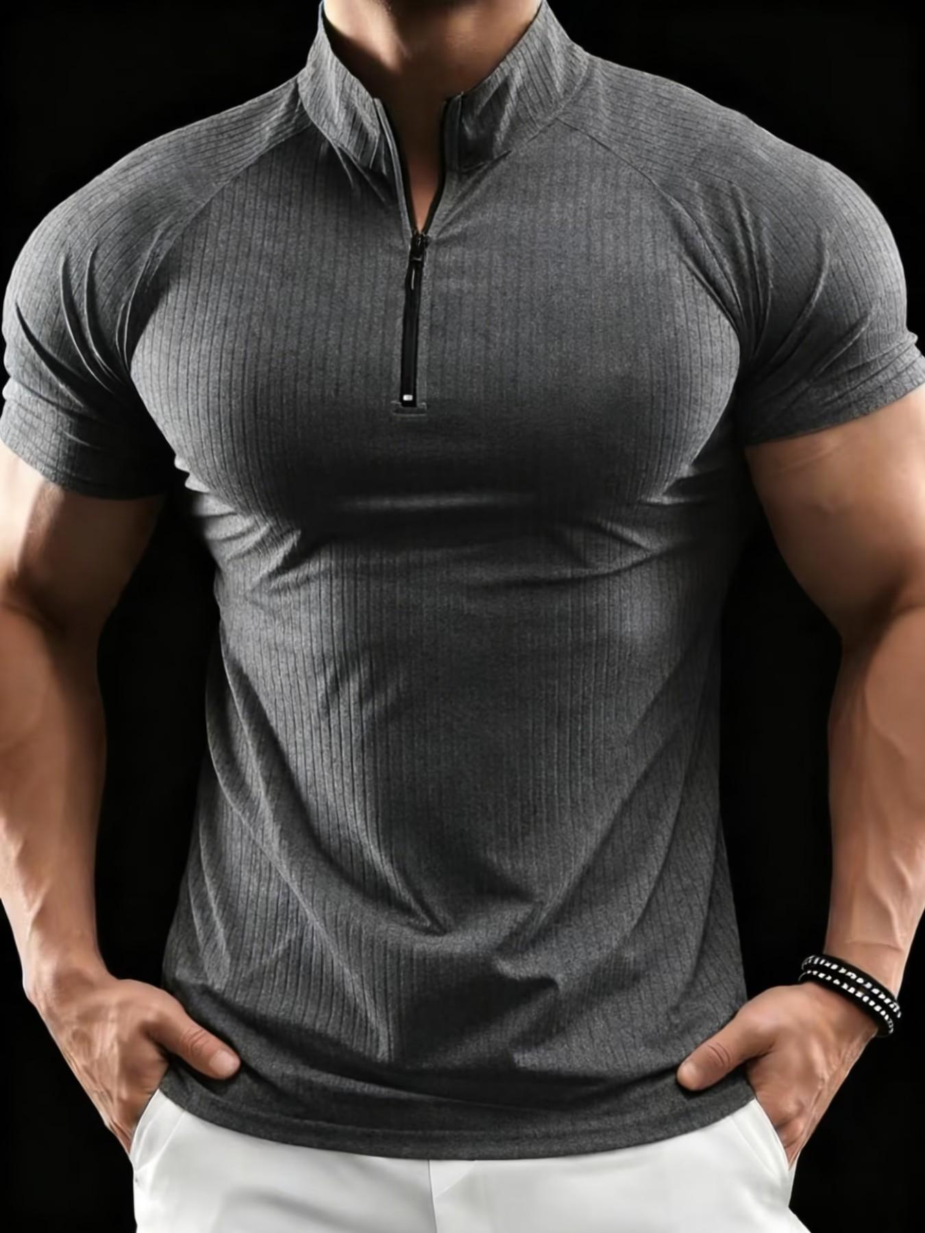 Men's Slim Fit Short Sleeve Quarter Zip Polo Shirt, Quick Dry Breathable Ribbed Sports T-Shirt, Gym Fitness Running Casual Wear