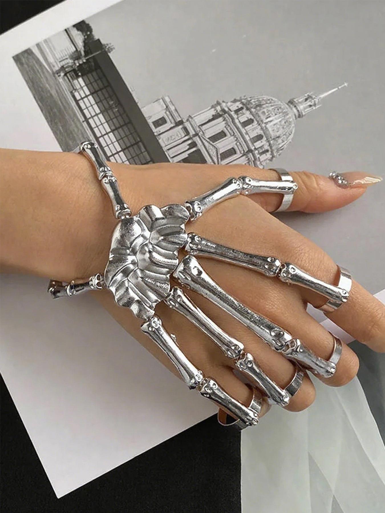 Punk Style Skull Bracelet Jewelry, Adjustable Metal Hand Chain, Unisex, Elegant and Versatile, Rock and Hip Hop Fashion, Halloween Accessory