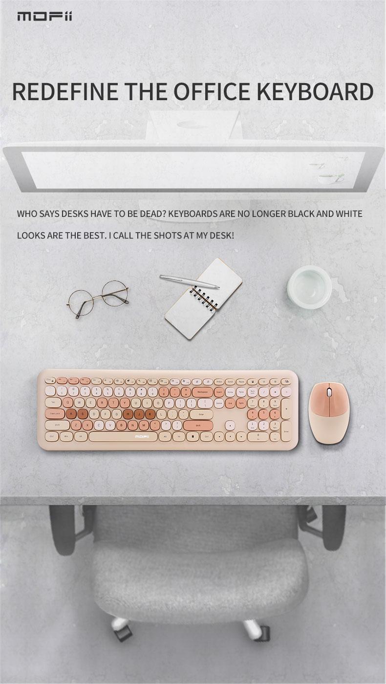 MOFii 1 Set Wireless Keyboard and Mouse Combo, Silent for Girls Office, Milk Tea Color Round Keycaps, Universal for Laptop/Desktop, US Qwerty (Batteries Not Included)