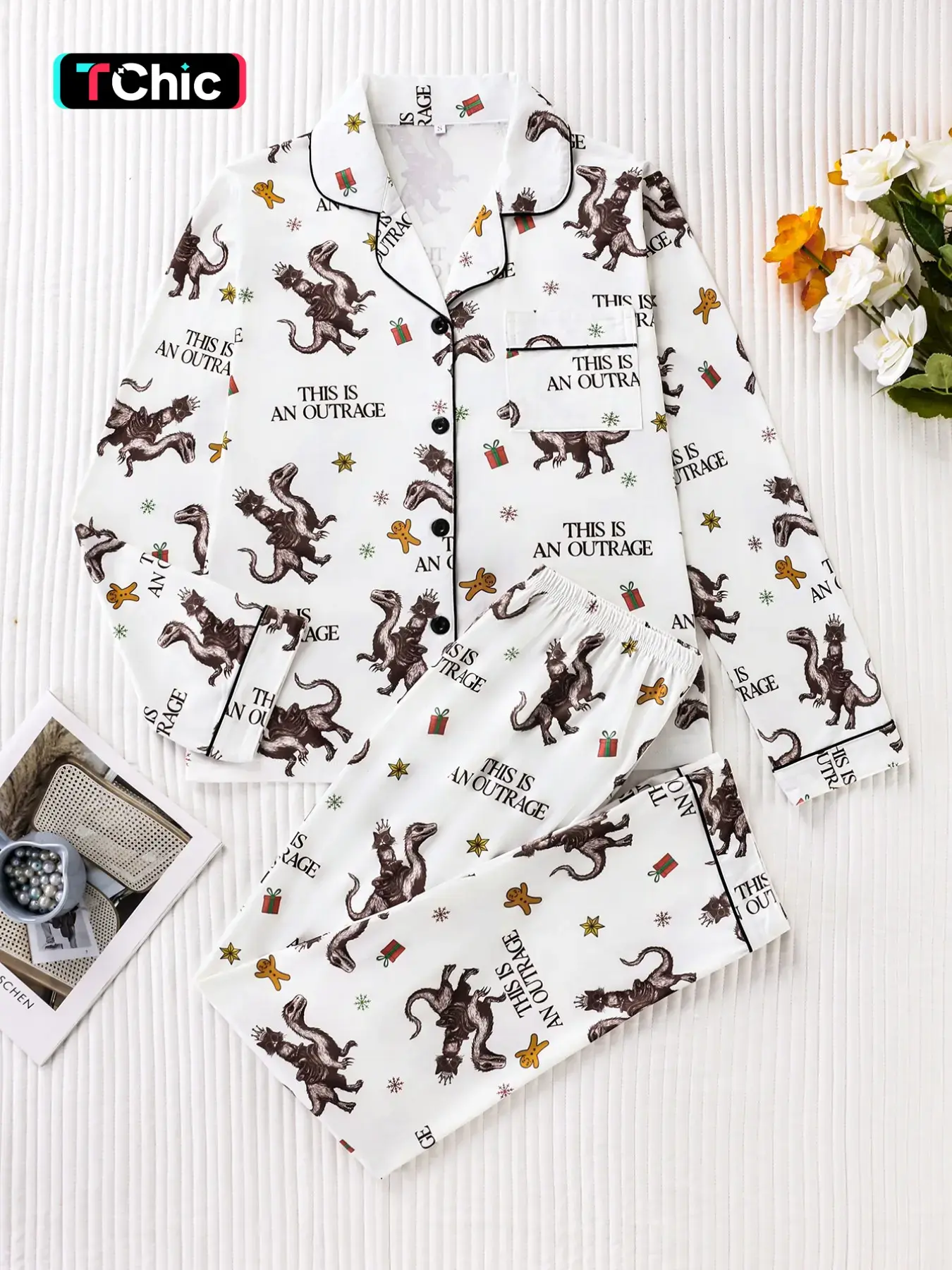 Women's Pajama Set, Cartoon Dinosaur All over Print, Soft Comfortable Fabric, Long Sleeve Top and Pants, Casual Fitted Sleepwear, Ladies Loungewear, Lounge Pjs Set