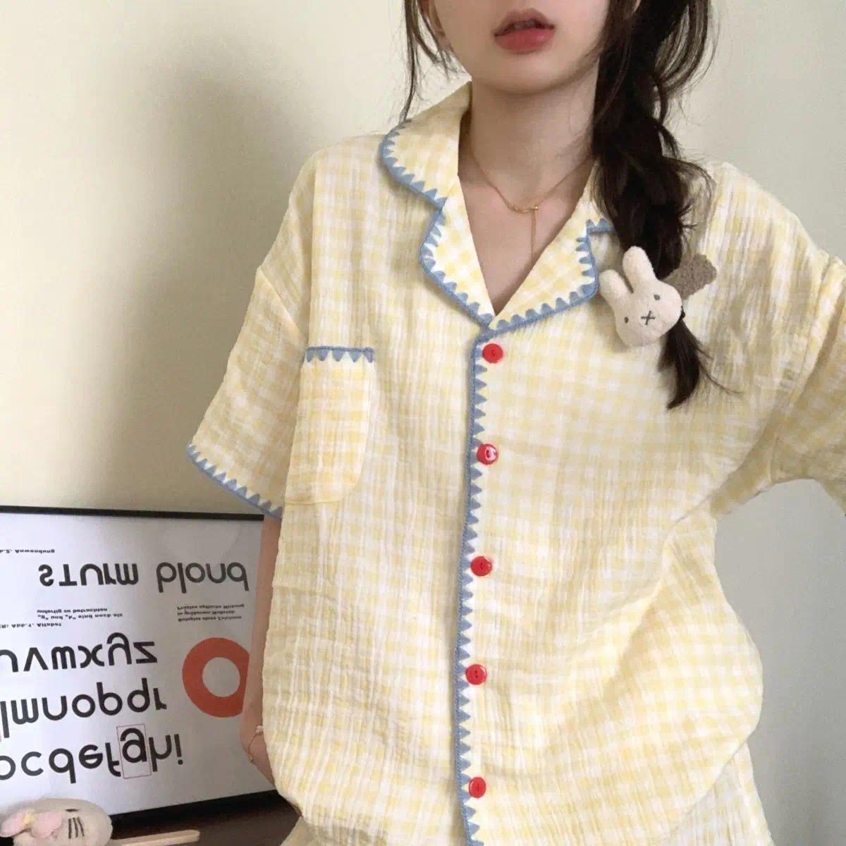 Cute Summer Color-Block Checkered Pajamas for Women: Short-Sleeve Set, Sweet Loungewear Two-Piece Set, Women's Summer Clothing