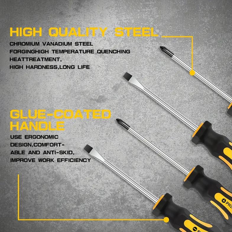 11pcs Magnetic Screwdriver Set, Chrome Vanadium Steel, Lemon Yellow, Polished Finish, Flat & Phillips Heads,Nail Puller Includes Pick & Hook Tools, for Mechanics, Construction, Carpentry Hardware#TikTokShopBacktoSchool