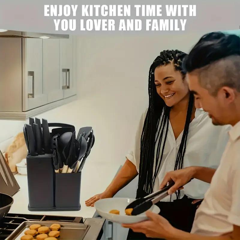 19 Piece Silicone Kitchen Utensils Set with Wooden Handle & Knives - Heat-Resistant, Non-Stick Cooking Tools & Storage Bucket - Perfect Kitchen Gadgets for Easy Cooking and Cleaning Cookware Barrel Stainless Steel kitchen