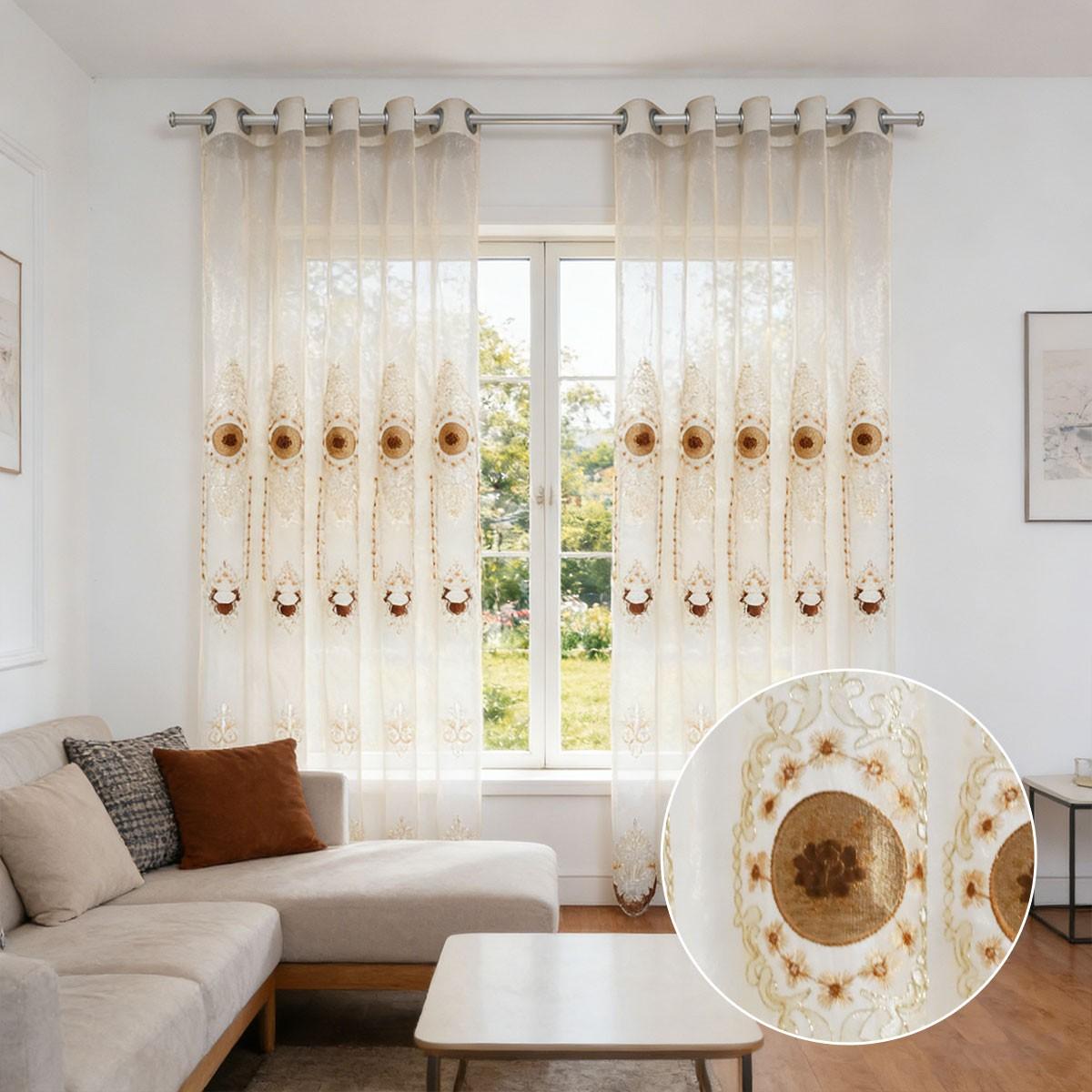 2pcs European Luxury Rice Gold Heavy Embroidered Sheer Curtain, Living Room Floor-To-Ceiling High Transparency Window Shade, Pierced Cream Style Balcony Curtain