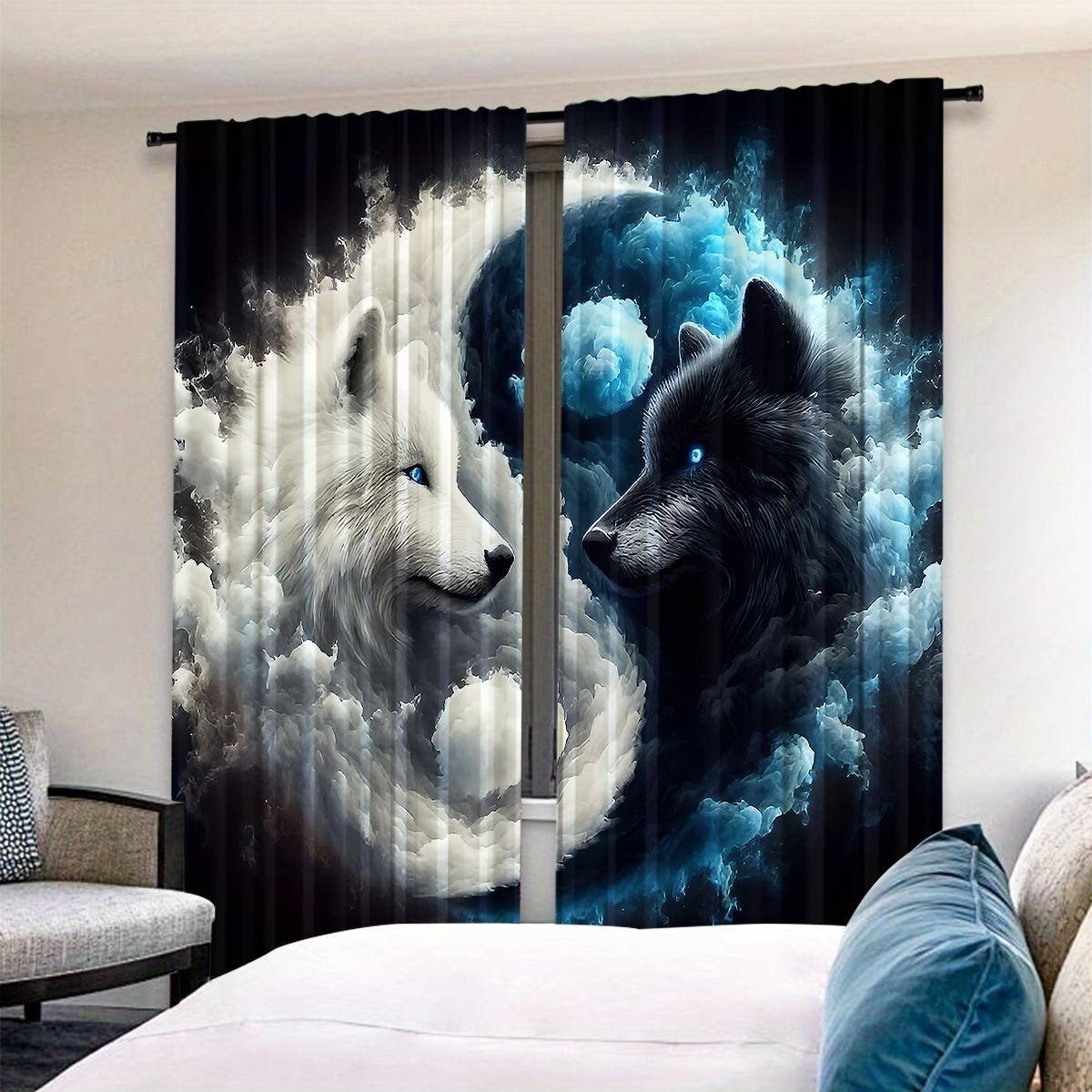 2-Piece & Wolf Cloud Moon Scene Digital Print Curtains, Semi-Transparent Polyester Fabric, Rod Pocket Design, Bedroom Living Room Decor