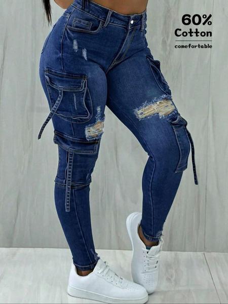 Y2K women's street style multi-pocket cropped work Stretchy Jeans with flap pockets for autumn and winter, perfect for Christmas fashion Y2K women's street style multi-pocket cropped work Stretchy Jeans with flap pockets for autumn and winter, perfect for Christmas fashion