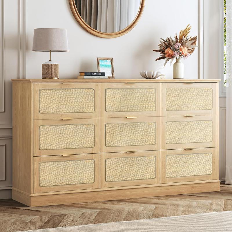 9 Drawer Dresser for Bedroom, 60 Inch Long Dressers & Rattan Chest of Drawers, Large TV Stand for 55, 65, 70 Inch TV, Boho Style, Modern Dresser for, Living Room, Entryway, Bedroom, Natural Oak