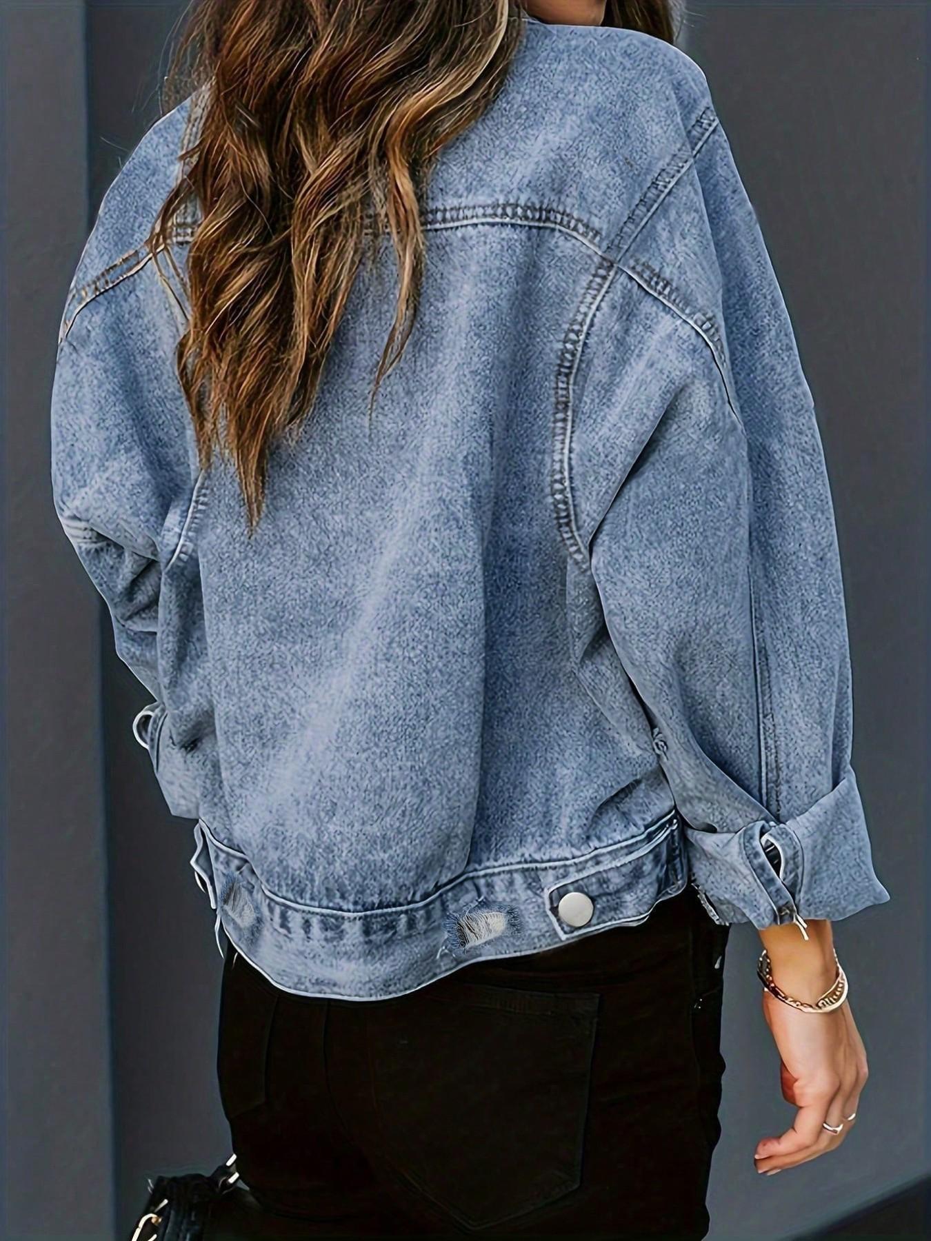 Y2K Leopard Print Denim Jacket, Loose-Fitting Baggy Long Sleeve Casual Fashionable Jacket, Roll Collar Button Closure, Casual Everyday Spring & Fall Fashion