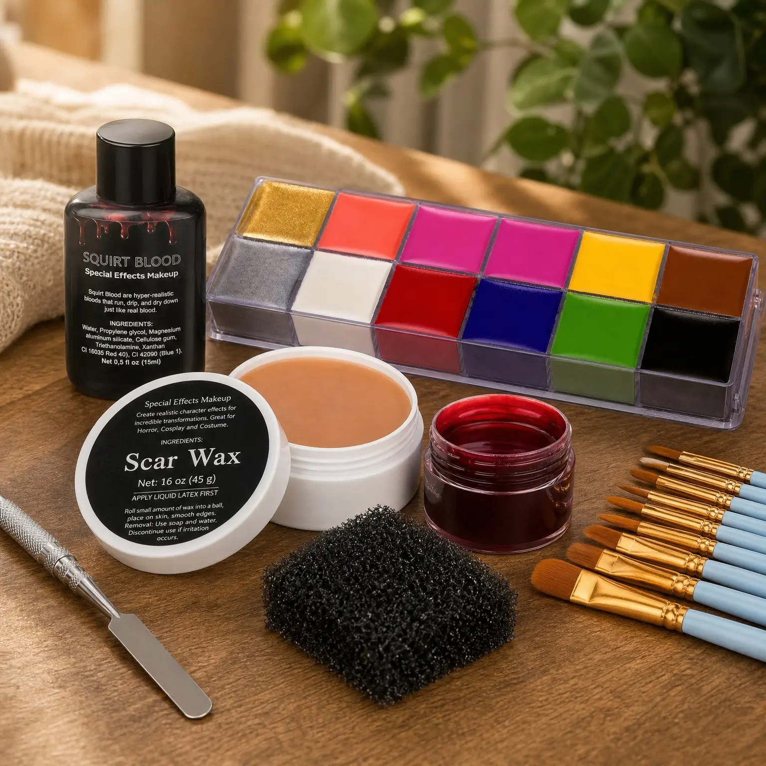 Professional Special Effects (SFX) Makeup Kit for Halloween Cosplay - Face & Body Paint Set with Scar Wax, Brushes, Spatula Tool, Fake Scab Blood, Stipple Sponge & Face PaletteGift