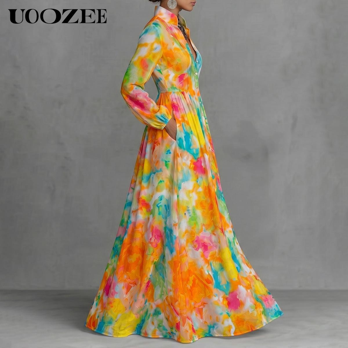 UOOZEE Women's Floral Print Long Sleeve Maxi Dress, Lightweight A-Line Style Polyester Shirt Dress with Pockets for Party, Elegant Dresses For Women