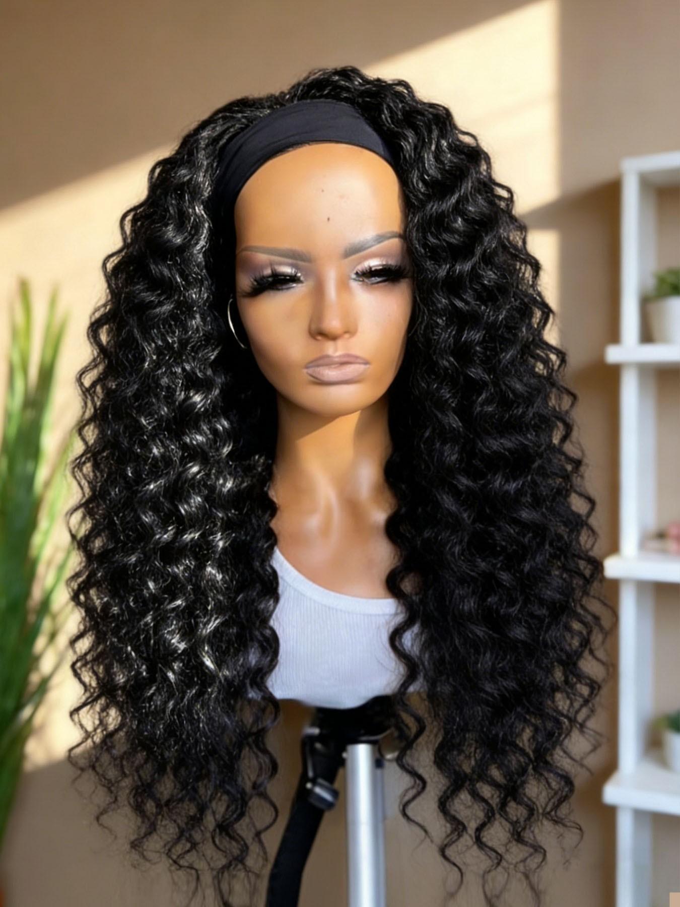 Headband Wig Synthetic Hair Deep Wave, Deep Wavy Hair, 24 Inch Glueless Brazilian Virgin Hair, No Lace Front, Machine Made, for Women