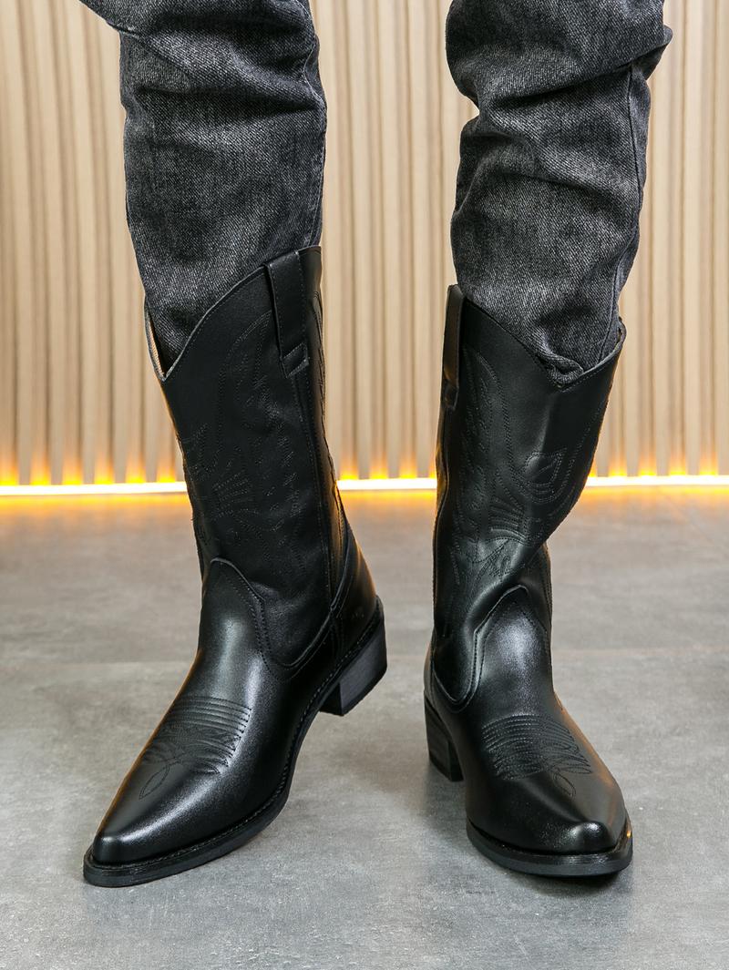 2025 Fall & Winter Mens High-top Vintage Pointed-toe Cowboy Boots - Anti-skid Slip On Shoes with PU Upper and Rubber Sole for Outdoor Horse Riding and Country Style - Comfortable PU Insole and Solid Color Design Footwear Closed