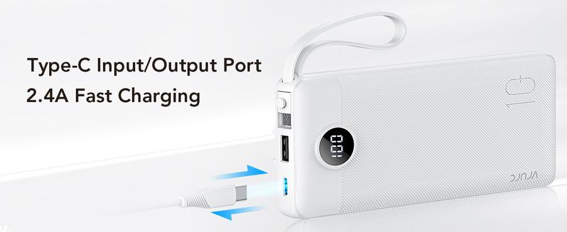 VRURC 10000mAh Portable Power Bank with 4 Built-in Cables Fast Charging LED Display Travel Battery Pack for iPhone Samsung Android Tablet iPad Earbuds USB Type-C & Micro USB Chargeable with Lanyard Smartphone Black Charger