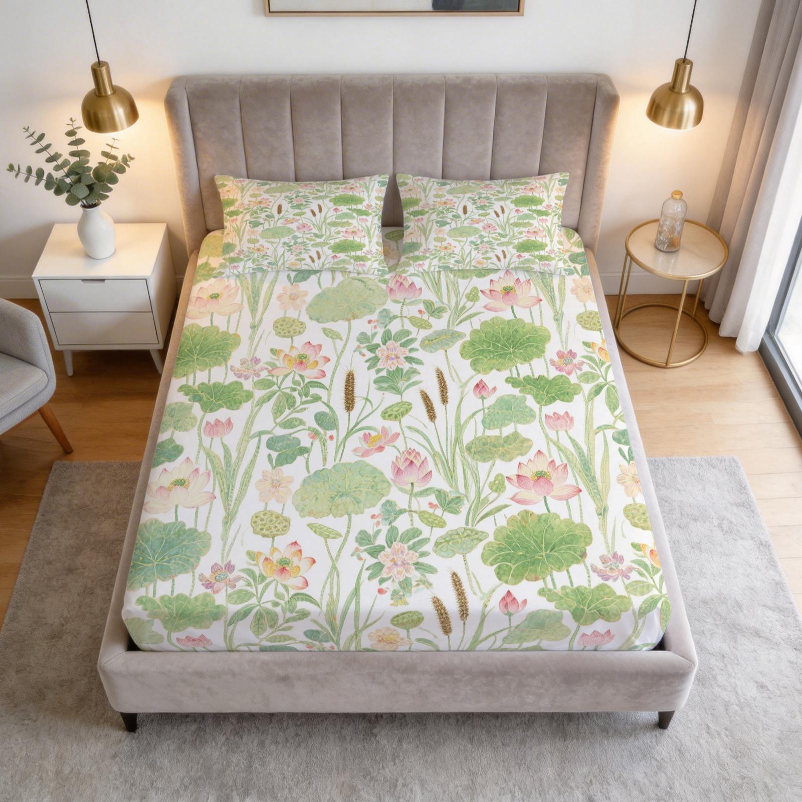 3 Piece Watercolor Lotus Pond Fitted Sheet Set, HD Digital Printed Deep Pocket Bed Sheet, Soft Breathable Bedding Set with Pillowcases (No Insert) for Bedroom Home Decor