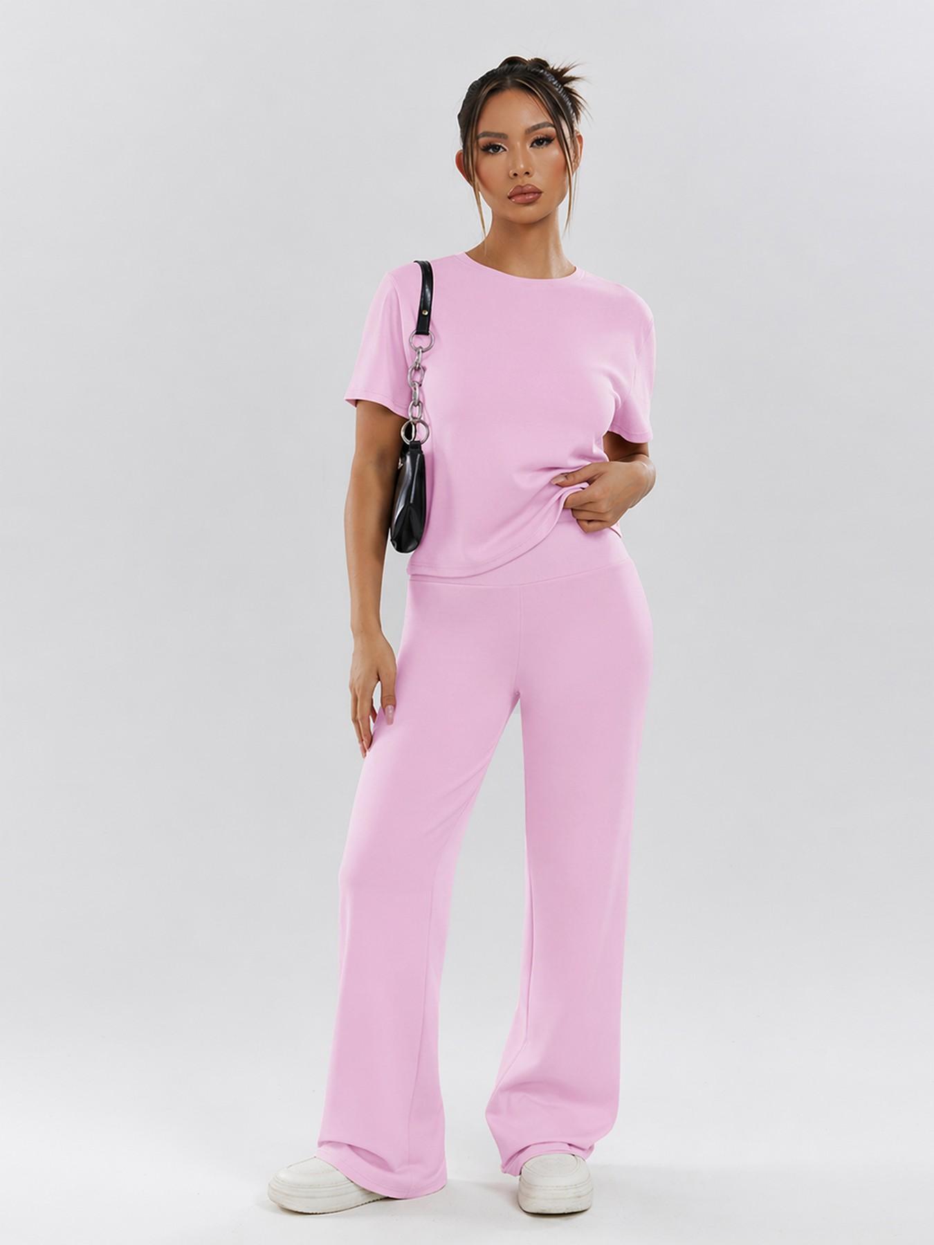 Women's Two-Piece Set, Loose-Fit Short Sleeve Top & High Waist Wide-Leg Pants, Breathable Fabric, Ideal for Yoga, Gym & Running, Athleisure Gym Clothes, Casual Activewear Set, Loose Casual Athleisure