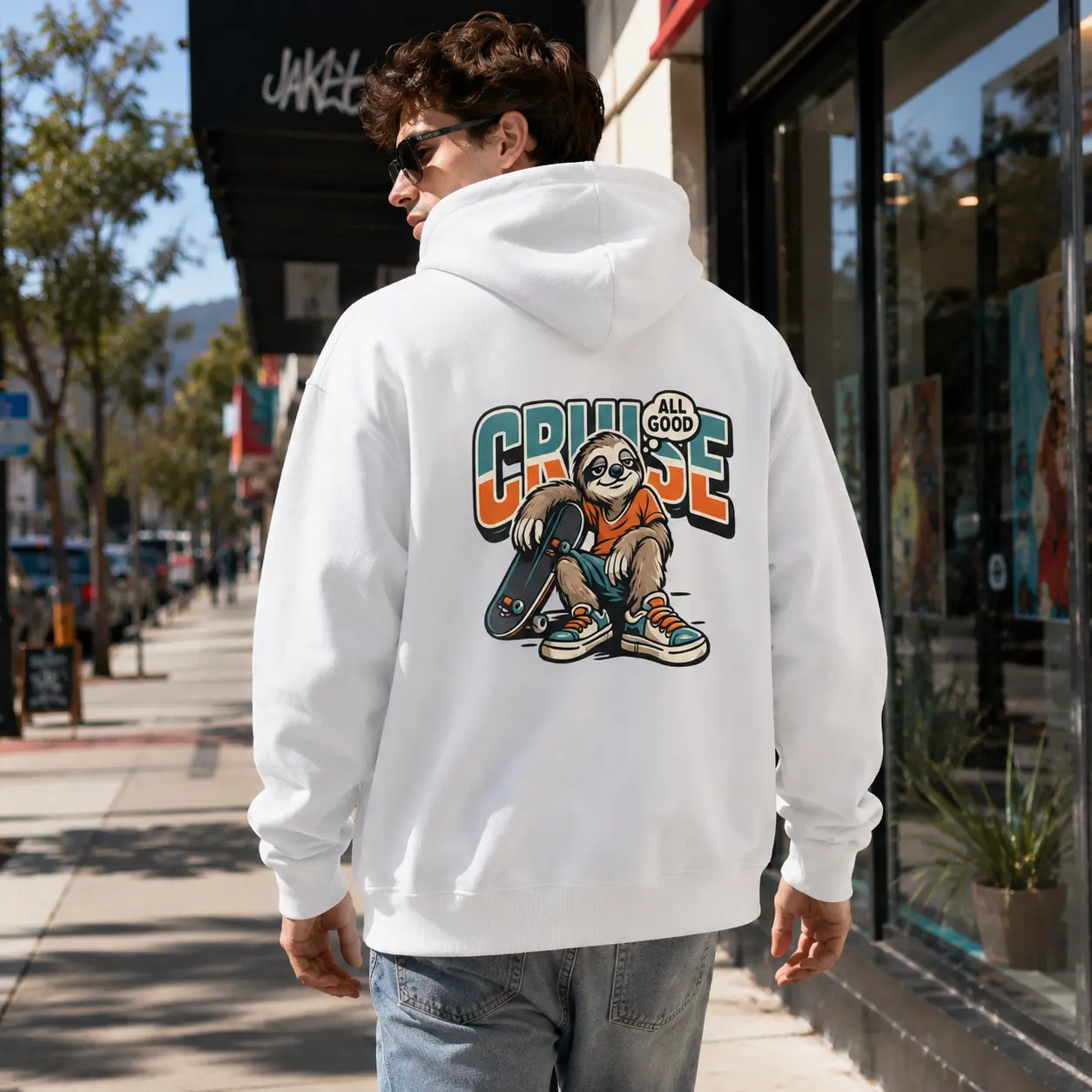 Men’s All Good Cruise Sloth Skateboard Graphic Hoodie, Retro Streetwear Pullover with Back Print