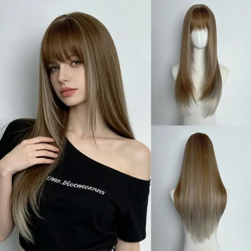 New European and American women's product: layered long hair with air bangs, rose net, matte silk wigs, full head cover