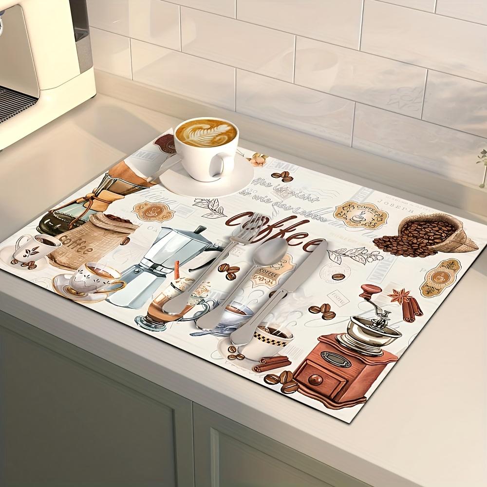 1pcs, Tableware drying pad, coffee machine pad, Coffee table mat, drying pad with watercolor retro coffee machine and cup design, polyester fiber - durable, highly absorbent, easy to clean drying pad, desktop decorative pad